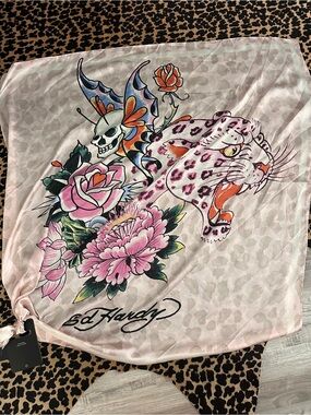 Ed Hardy Pink Floral & Leopard Print Silk Scarf